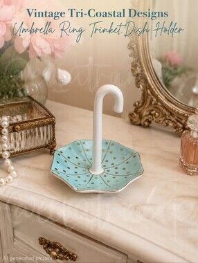 Vtg. Tri-Coastal Designs Aqua Gold White Umbrella Ring Dish Holder